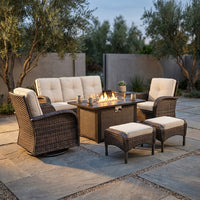 7 Piece Outdoor Patio Furniture Set, Patio Furniture Set with Fire Pit Table Rattan Wicker Patio Furniture Set, Brown Wicker & Beige Cushion — Studio Shot