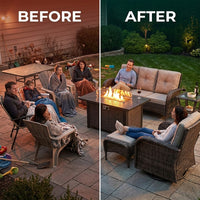7 Piece Outdoor Patio Furniture Set, Patio Furniture Set with Fire Pit Table Rattan Wicker Patio Furniture Set, Brown Wicker & Beige Cushion — Before & After