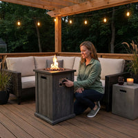 Outdoor Propane Fire Pit, 30000 BTU Column Propane Fire Pit, Wood-Look Surface — Lifestyle