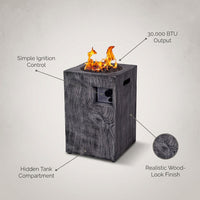 Outdoor Propane Fire Pit, 30000 BTU Column Propane Fire Pit, Wood-Look Surface — infographic