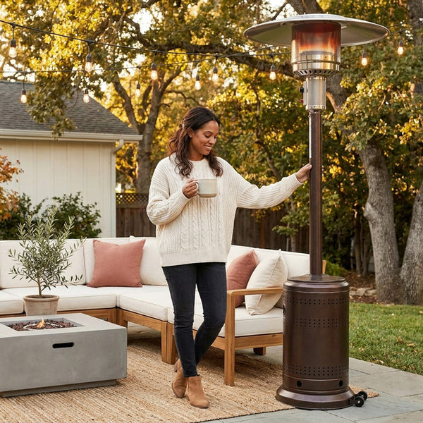 Propane Patio Heater Built for Outdoor Gatherings, 46000 BTU, Bronze Steel, Touch Ignition, Tilt Safety
