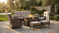 7 Piece Outdoor Patio Furniture Set, Patio Furniture Set with Fire Pit Table Rattan Wicker Patio Furniture Set, Brown Wicker & Beige Cushion — Lifestyle