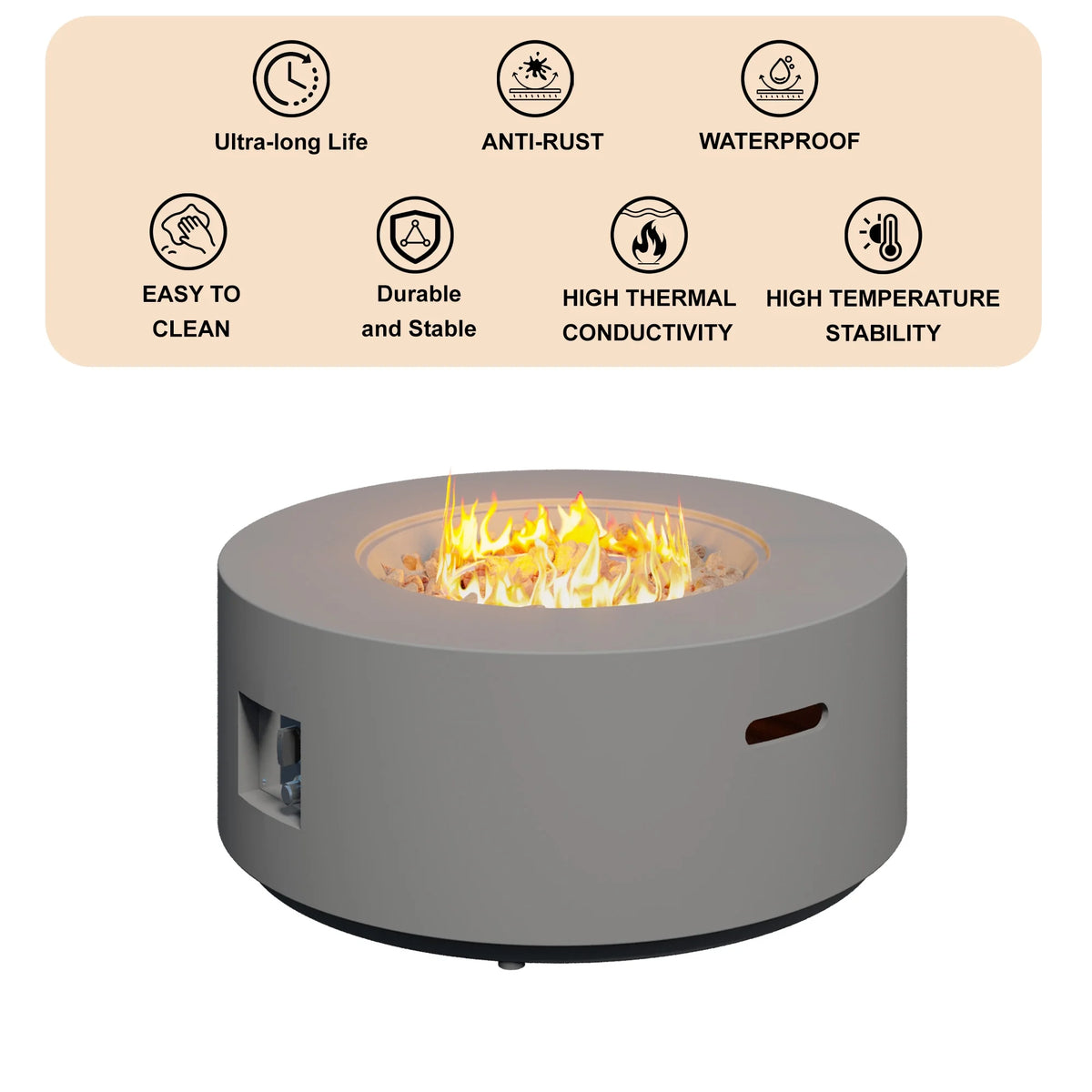32.5 Inch round Propane Fire Pit for outside White 50K BTU Outdoor with Lava Rocks, All Weather Applicable, Gray