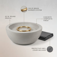Concrete Composite Fire Pit Built for Outdoor Gatherings, 42 Inch Round, Propane Brass Burner, Fog Finish — infographic