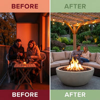 Concrete Composite Fire Pit Built for Outdoor Gatherings, 42 Inch Round, Propane Brass Burner, Fog Finish — Before & After