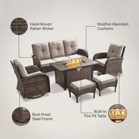 7 Piece Outdoor Patio Furniture Set, Patio Furniture Set with Fire Pit Table Rattan Wicker Patio Furniture Set, Brown Wicker & Beige Cushion — infographic