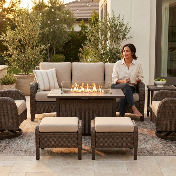 Outdoor Patio Furniture Set Built for Year-Round Gatherings, Fire Pit Table, Rattan Wicker, 7 Pieces