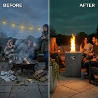 Outdoor Propane Fire Pit, 30000 BTU Column Propane Fire Pit, Wood-Look Surface — Before & After