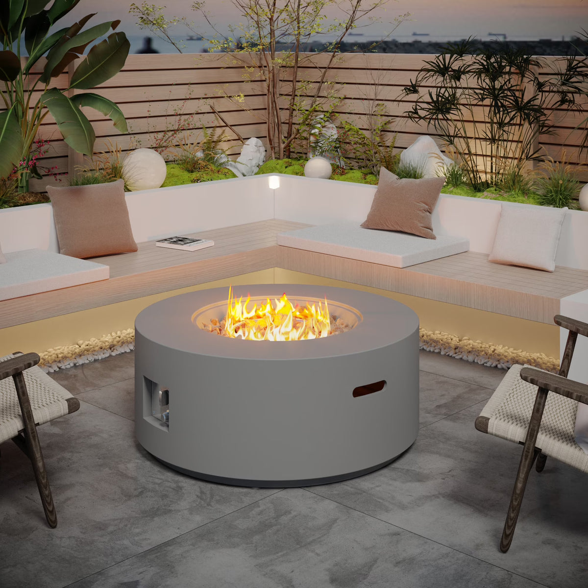 32.5 Inch round Propane Fire Pit for outside White 50K BTU Outdoor with Lava Rocks, All Weather Applicable, Gray