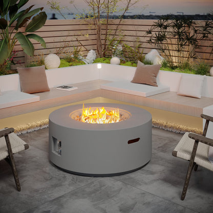 32.5 Inch round Propane Fire Pit for outside White 50K BTU Outdoor with Lava Rocks, All Weather Applicable, Gray