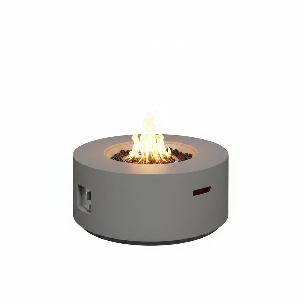 32.5 Inch round Propane Fire Pit for outside White 50K BTU Outdoor with Lava Rocks, All Weather Applicable, Gray