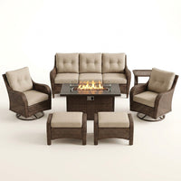 7 Piece Outdoor Patio Furniture Set, Patio Furniture Set with Fire Pit Table Rattan Wicker Patio Furniture Set, Brown Wicker & Beige Cushion — Studio Shot