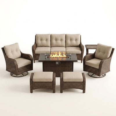 Outdoor Patio Furniture Set Built for Year-Round Gatherings, Fire Pit Table, Rattan Wicker, 7 Pieces